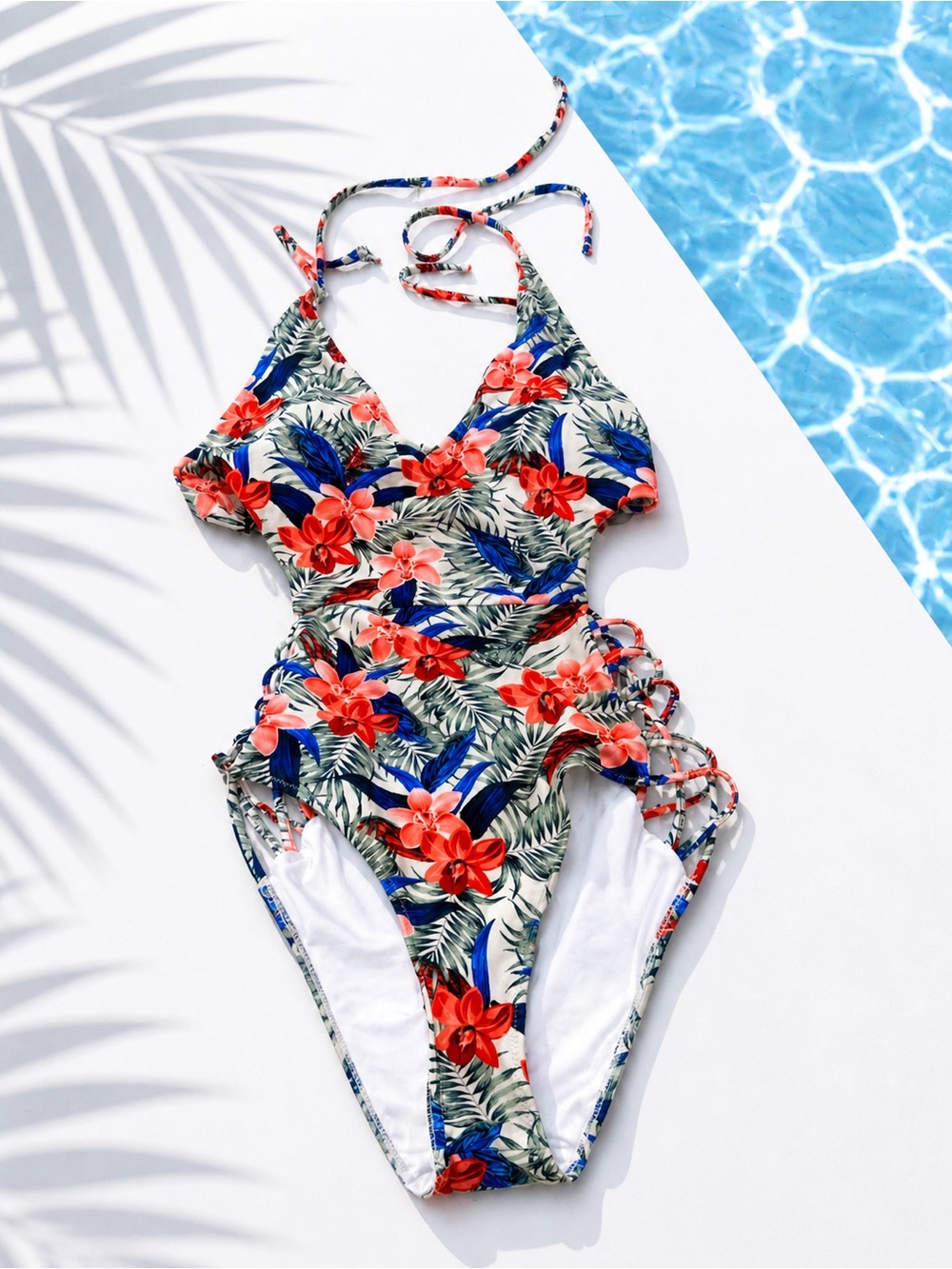 Tropical Floral Halter One-Piece Swimsuit - Red & Blue